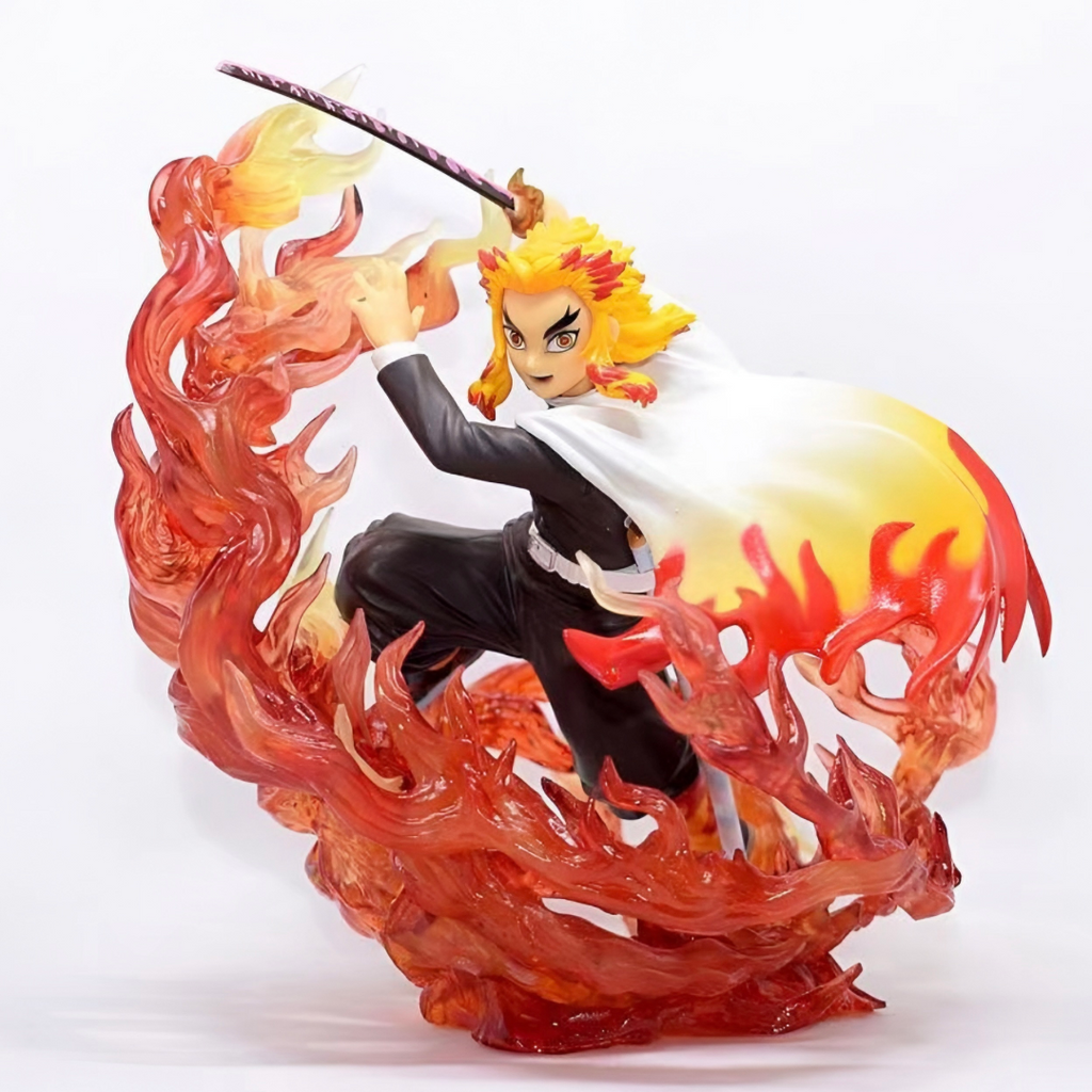 Animated character with flames and a sword on a white background. Demon Slayer