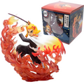 Animated character figurine with flames and packaging in the background. Demon Slayer