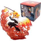 Animated character figurine with flames and packaging in the background. Demon Slayer