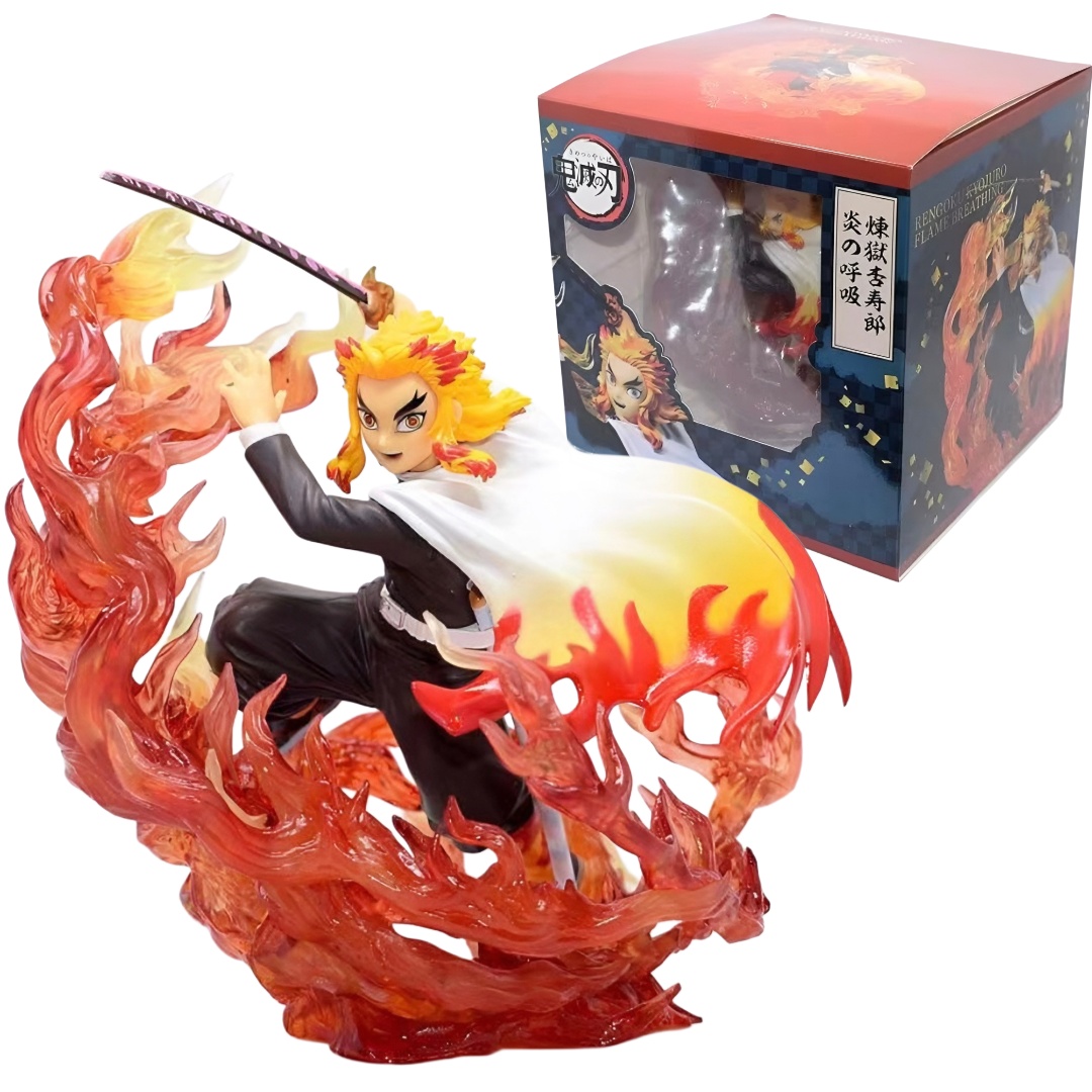 Animated character figurine with flames and packaging in the background. Demon Slayer