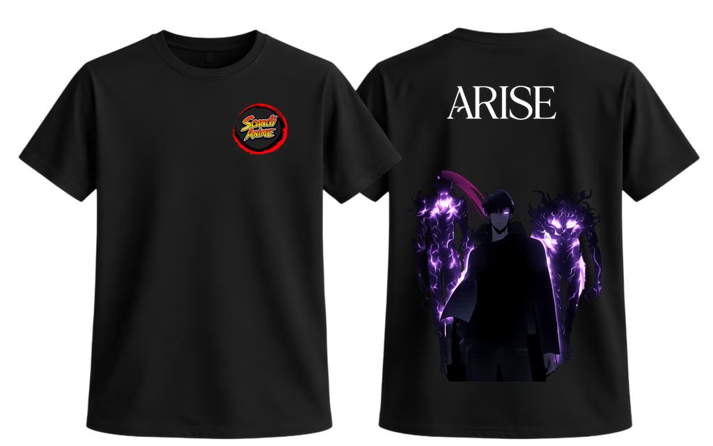 Black Solo Leveling ARISE T-Shirt by ScandiAnime featuring a graphic design inspired by the popular anime series.