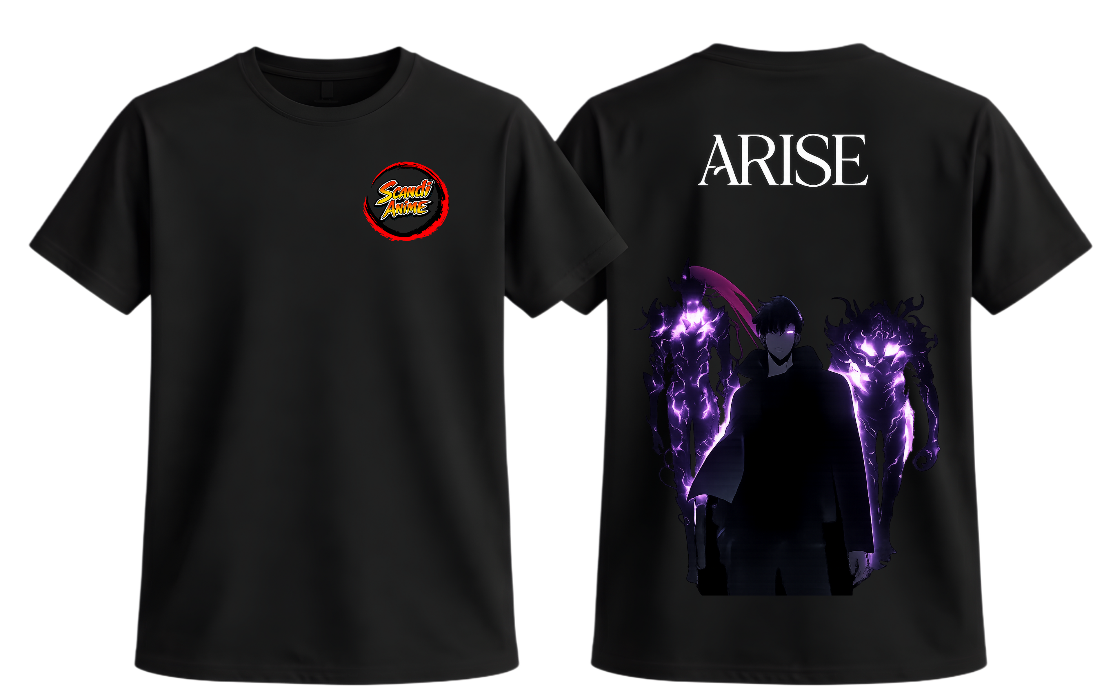 Black Solo Leveling ARISE T-Shirt by ScandiAnime featuring a graphic design inspired by the popular anime series.
