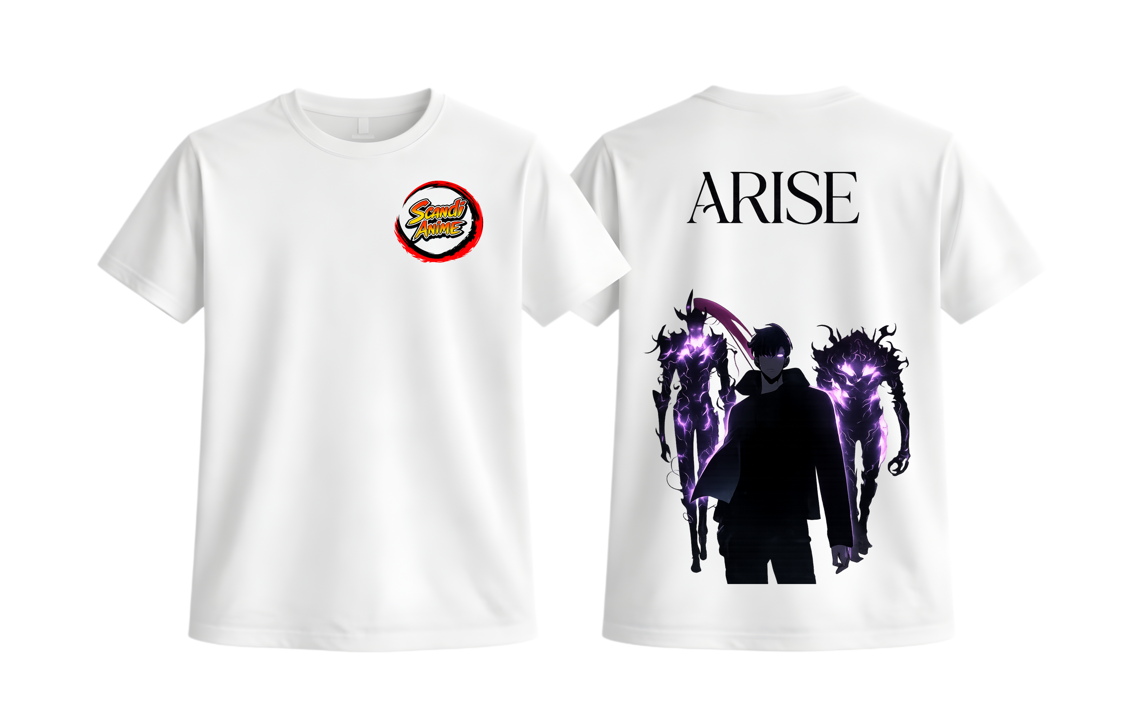 White Solo Leveling ARISE T-Shirt by ScandiAnime featuring a graphic design from the popular anime series.