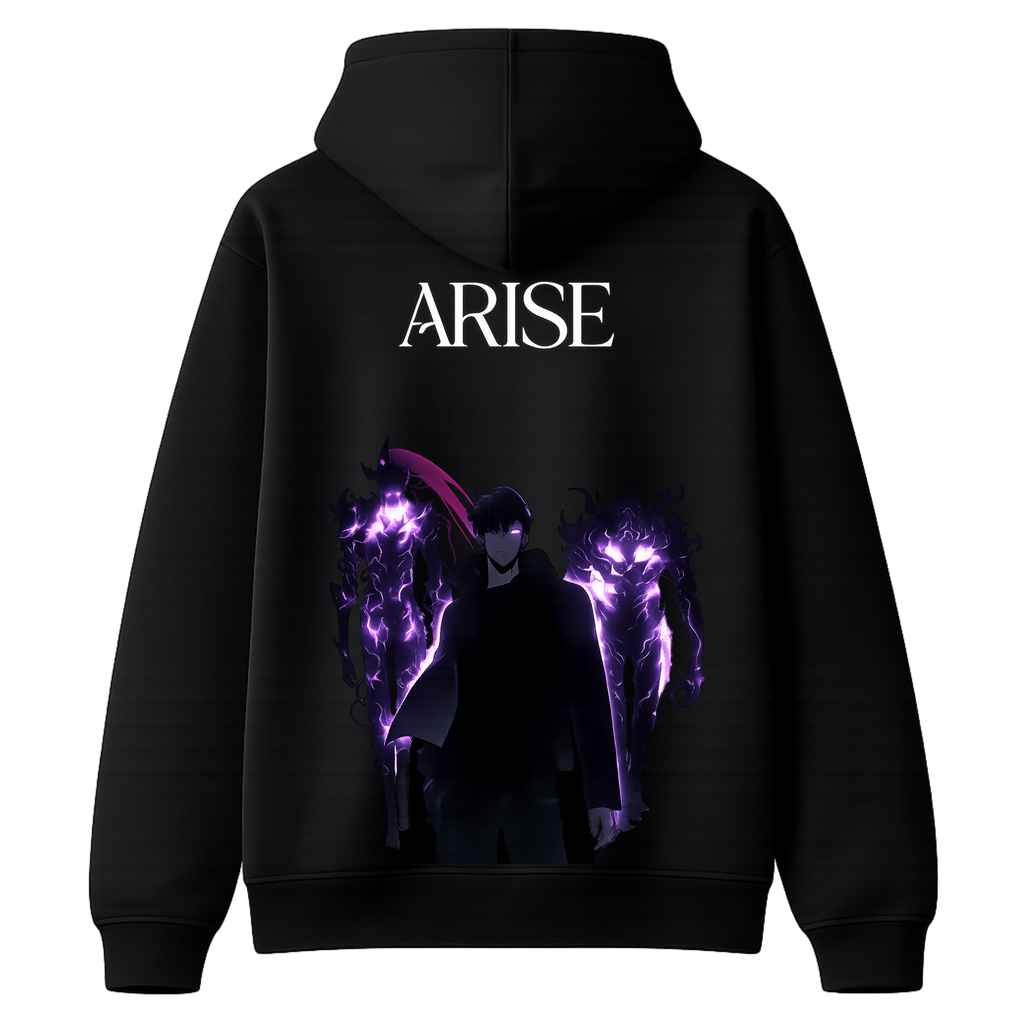 Black Solo Leveling Arise hoodie by ScandiAnime, featuring a comfortable fit and stylish design, shown in the product image.
