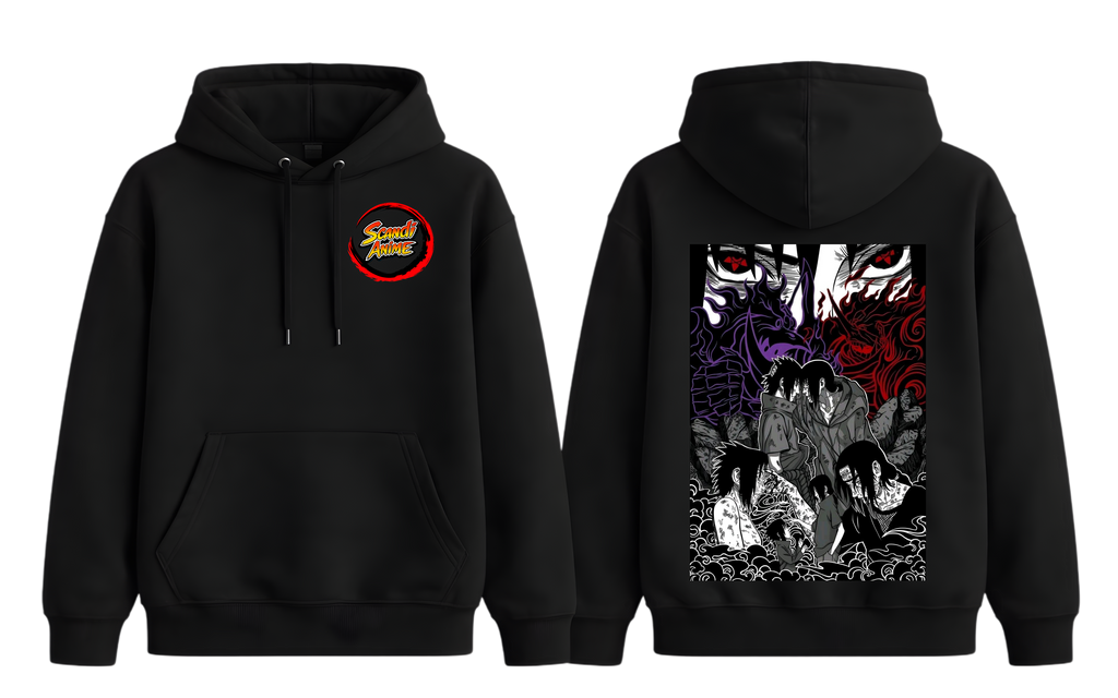 Black Sasuke and Itachi hoodie from ScandiAnime featuring characters from Naruto, with detailed front design and comfortable fit.