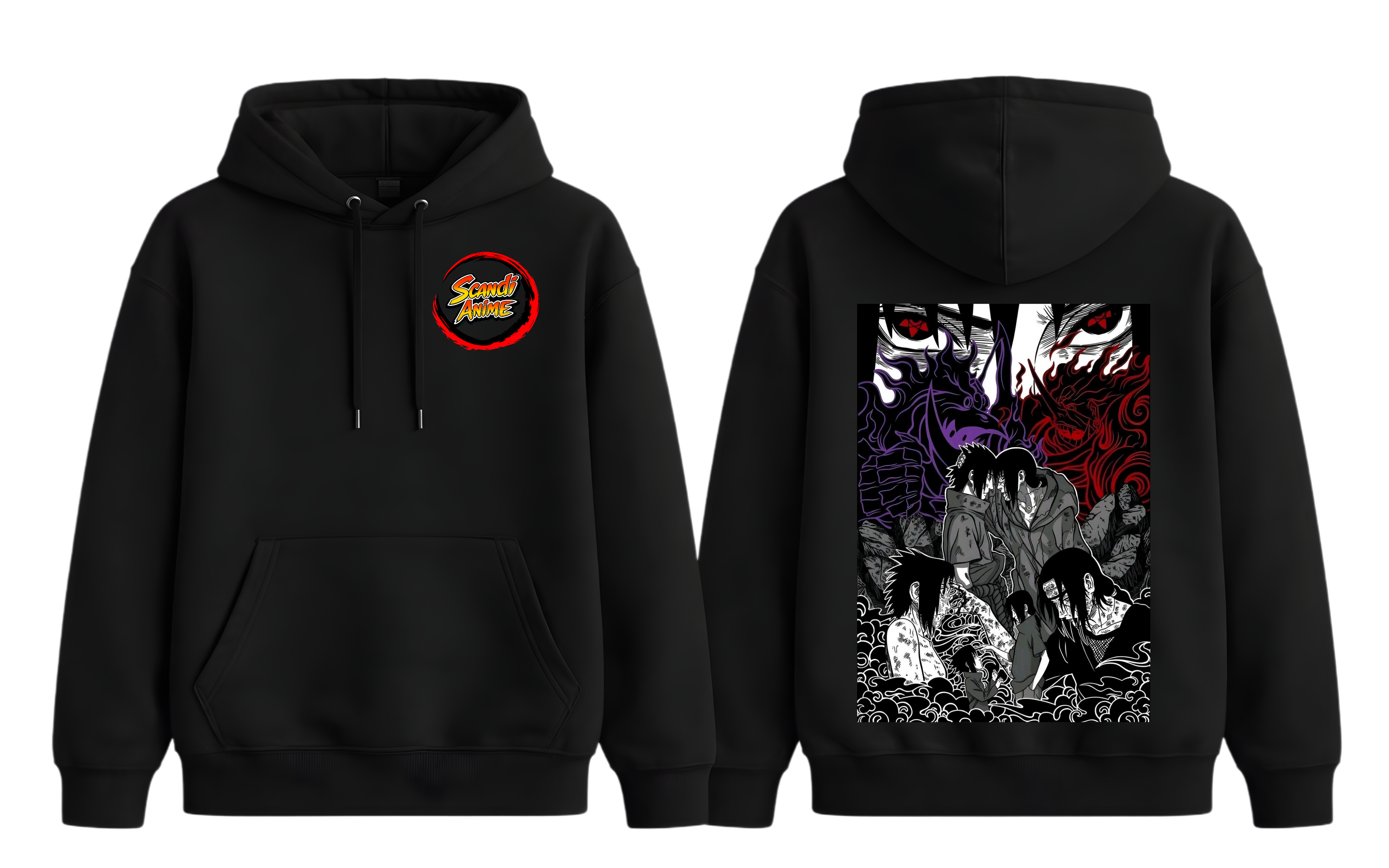 Black Sasuke and Itachi hoodie from ScandiAnime featuring characters from Naruto, with detailed front design and comfortable fit.