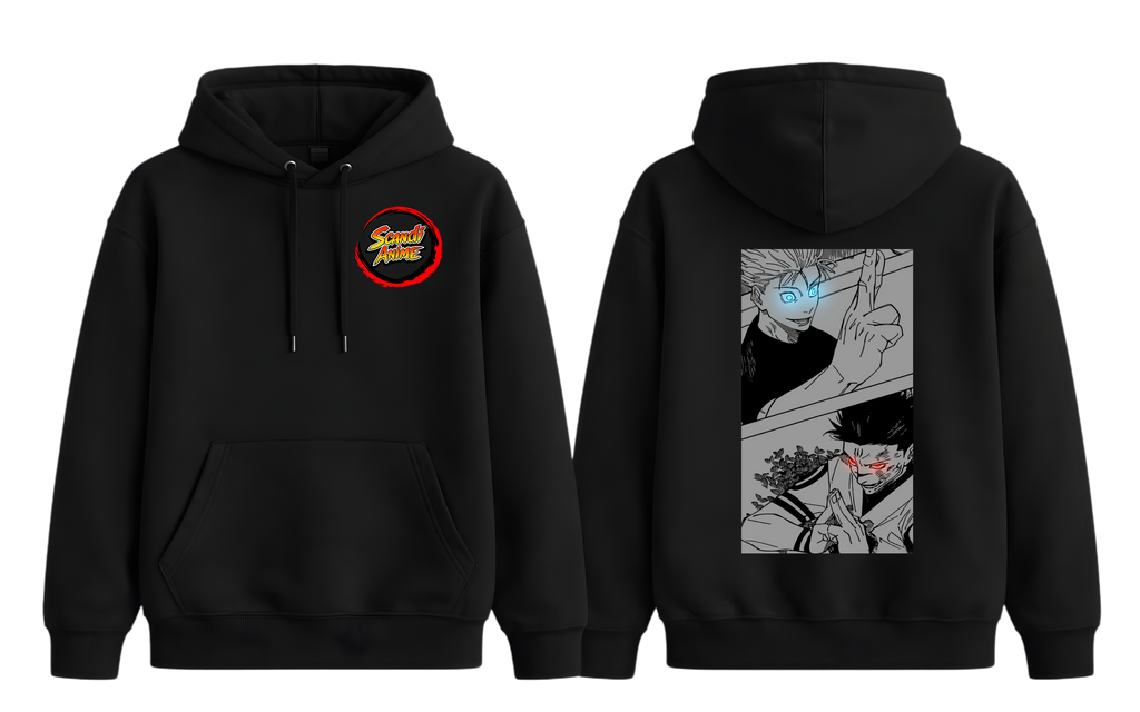Black manga hoodie featuring Gojo and Sukuna design from ScandiAnime, with a comfortable fit and detailed graphic print.