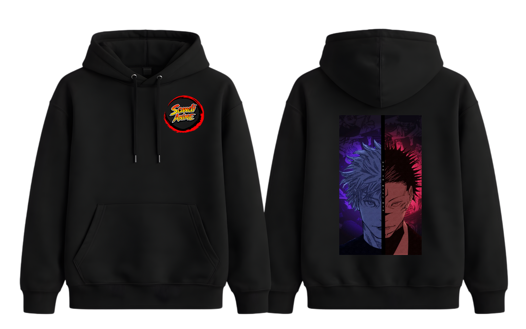 Black Gojo and Sukuna hoodie from ScandiAnime featuring detailed graphic design and comfortable fit.