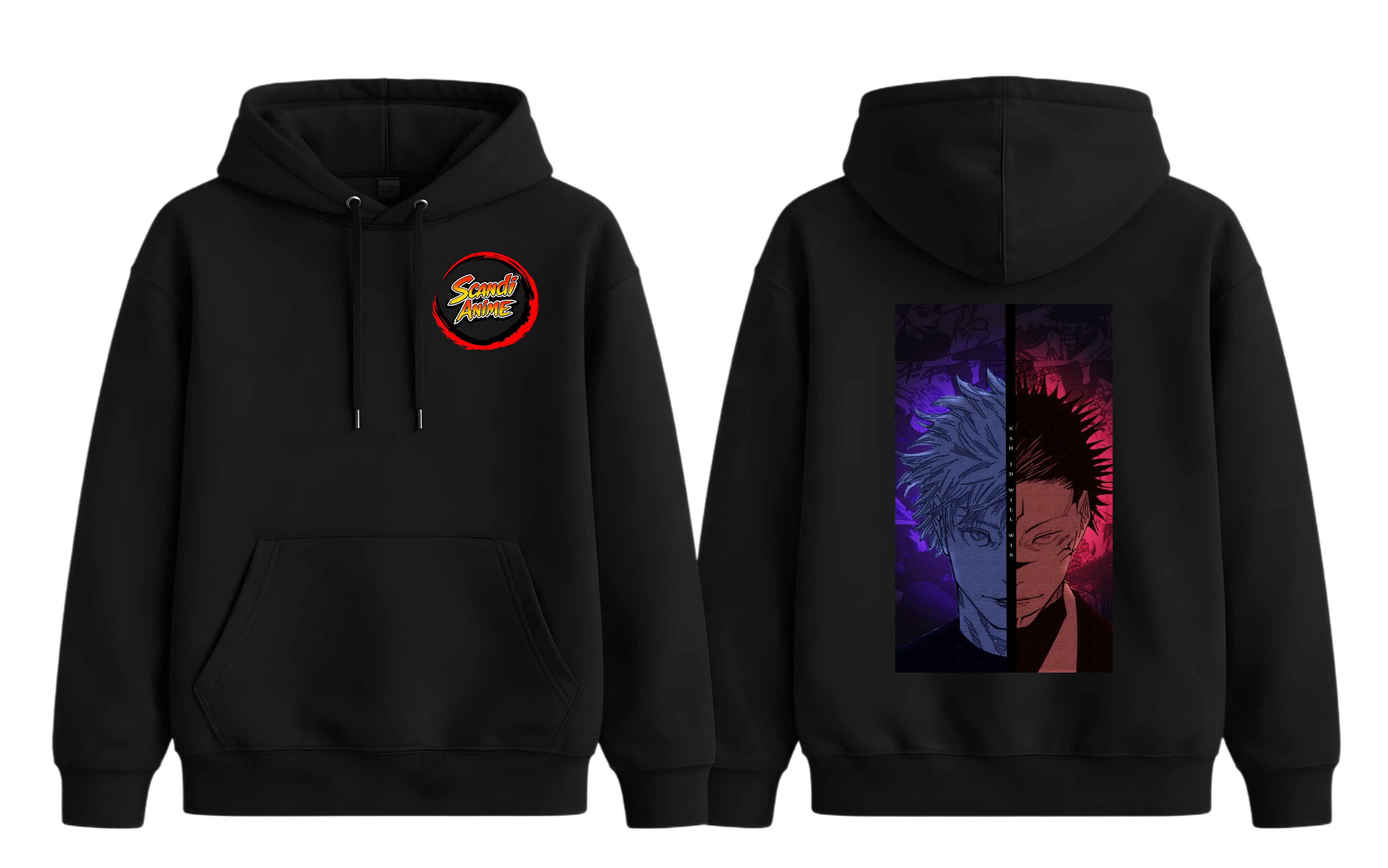 Black Gojo and Sukuna hoodie from ScandiAnime featuring detailed graphic design and comfortable fit.