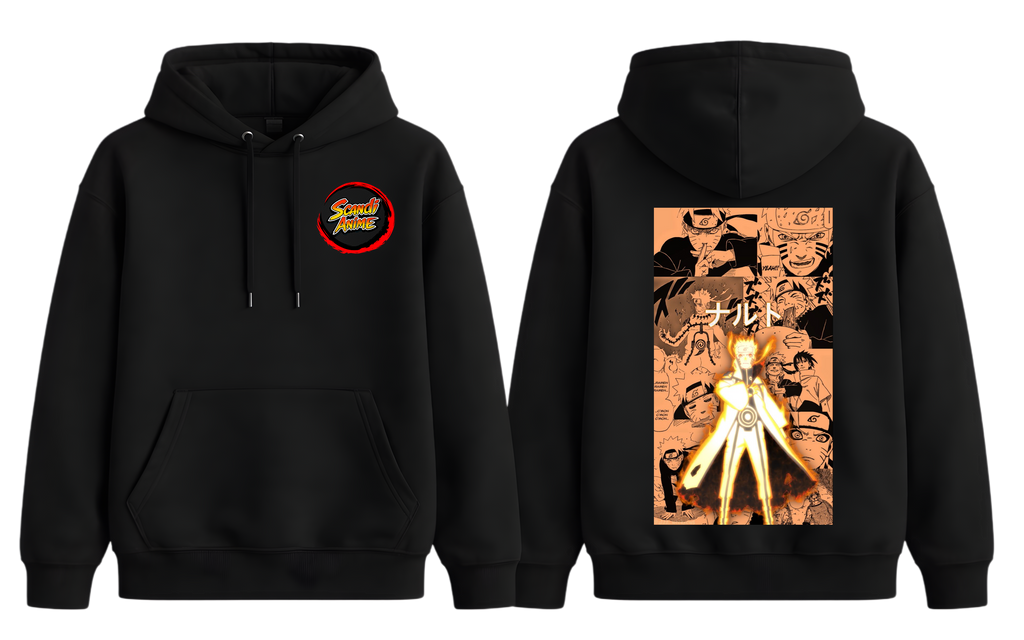 Black Naruto Uzumaki hoodie by ScandiAnime featuring a front graphic design, soft fabric, and comfortable fit for anime fans.