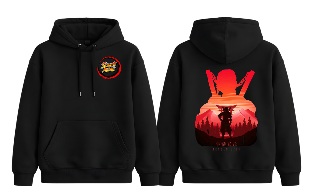 Black ScandiAnime Tengen hoodie with front pocket and hood, made of soft fabric, displayed on a plain background.