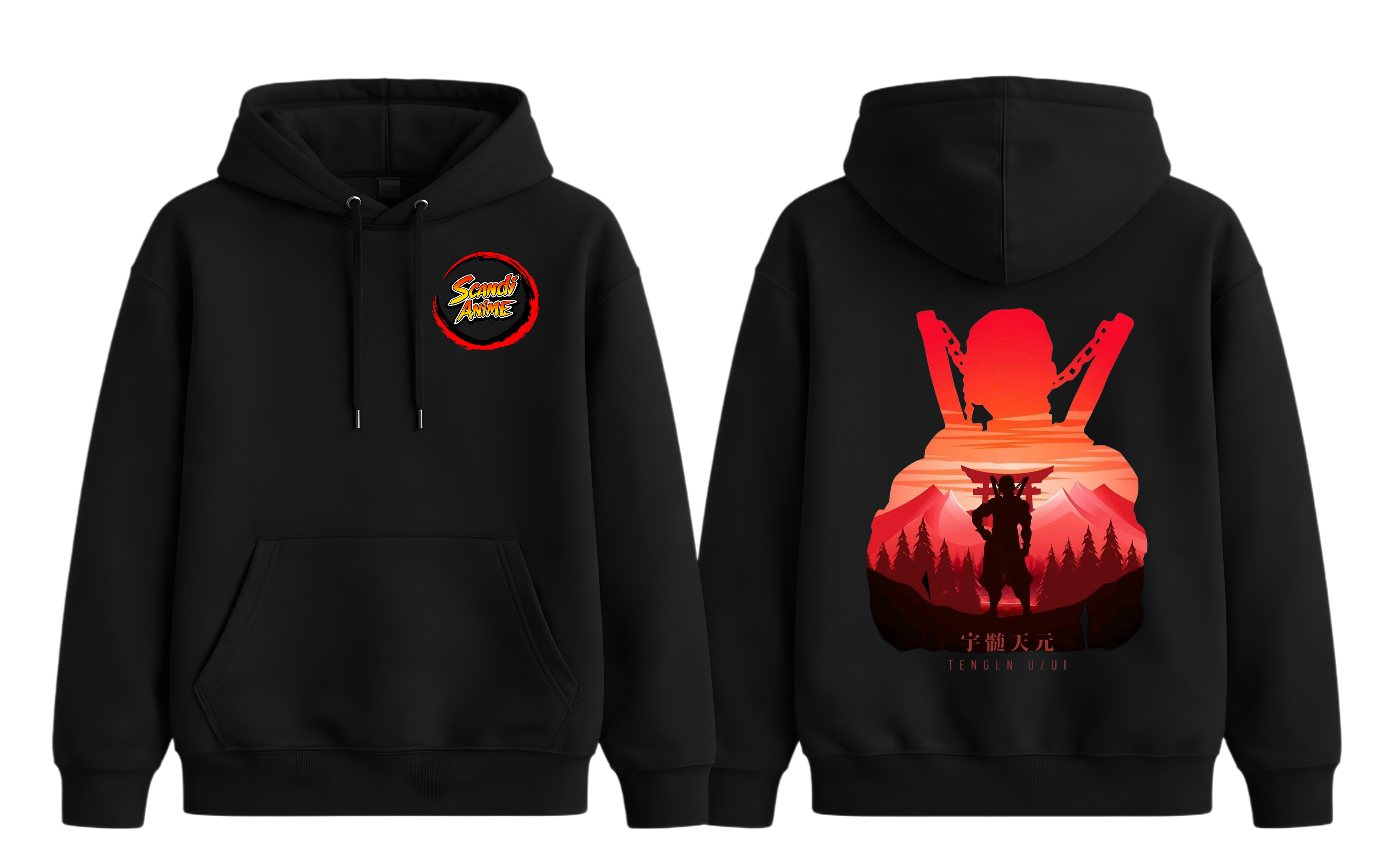 Black ScandiAnime Tengen hoodie with front pocket and hood, made of soft fabric, displayed on a plain background.