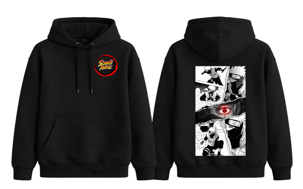 Black Kakashi hoodie from ScandiAnime featuring a detailed graphic of Kakashi Hatake from Naruto.