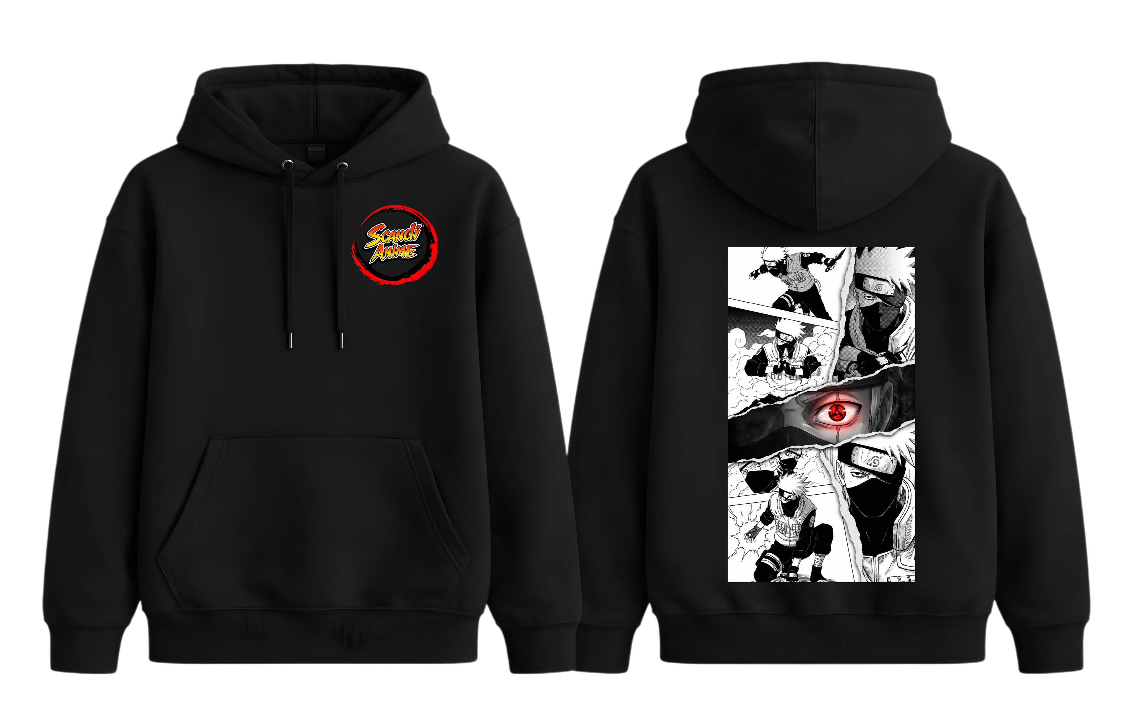 Black Kakashi hoodie from ScandiAnime featuring a detailed graphic of Kakashi Hatake from Naruto.