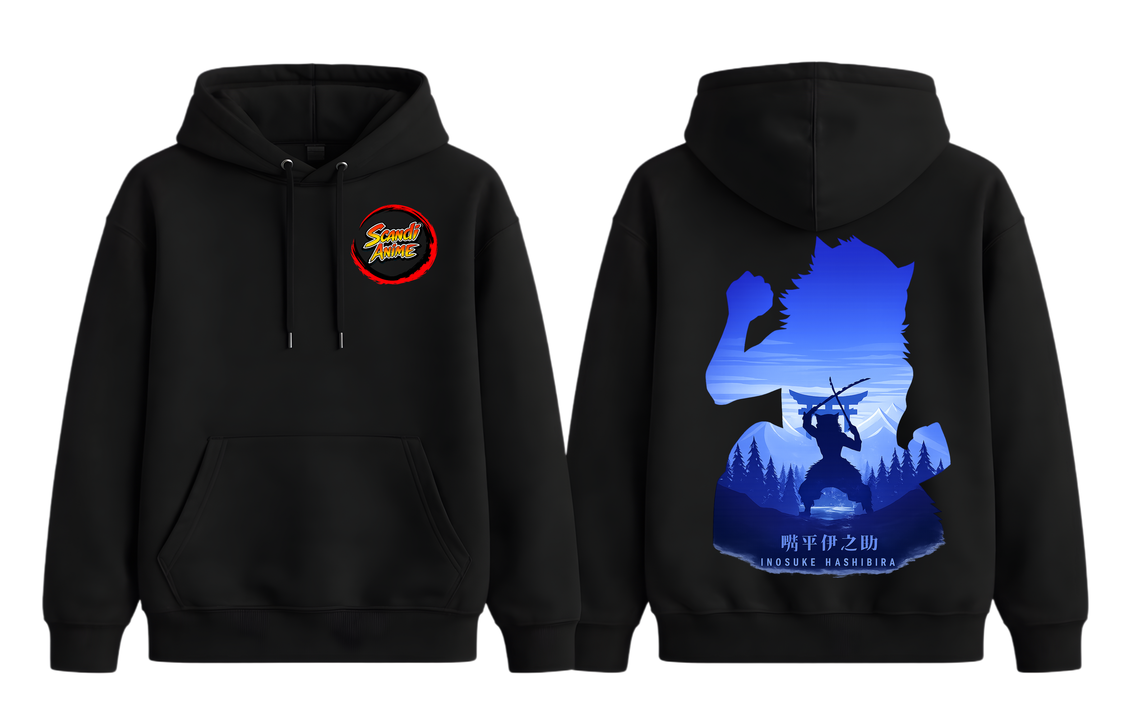 Black Inosuke hoodie from ScandiAnime featuring detailed anime character design and comfortable hoodie style.