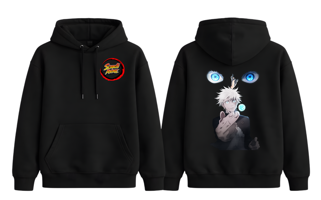 Black ScandiAnime Gojo Hoodie featuring a front graphic design and a comfortable, casual fit for everyday wear.