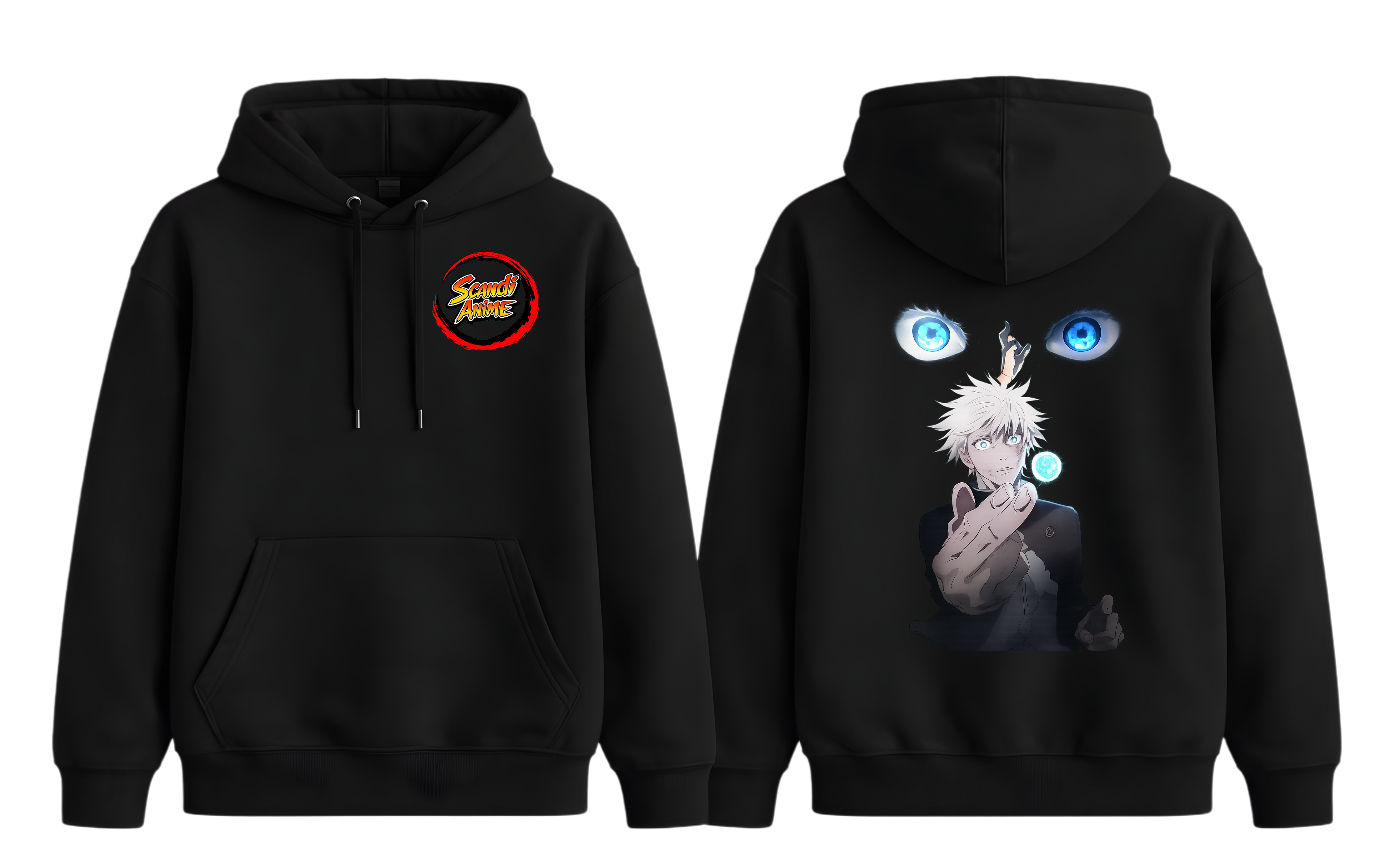 Black ScandiAnime Gojo Hoodie featuring a front graphic design and a comfortable, casual fit for everyday wear.