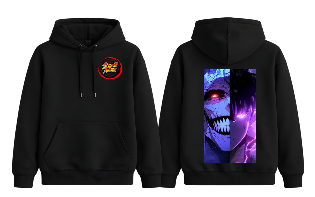 Black Sung Jinwoo hoodie by ScandiAnime, featuring detailed character artwork on a cozy black hoodie.