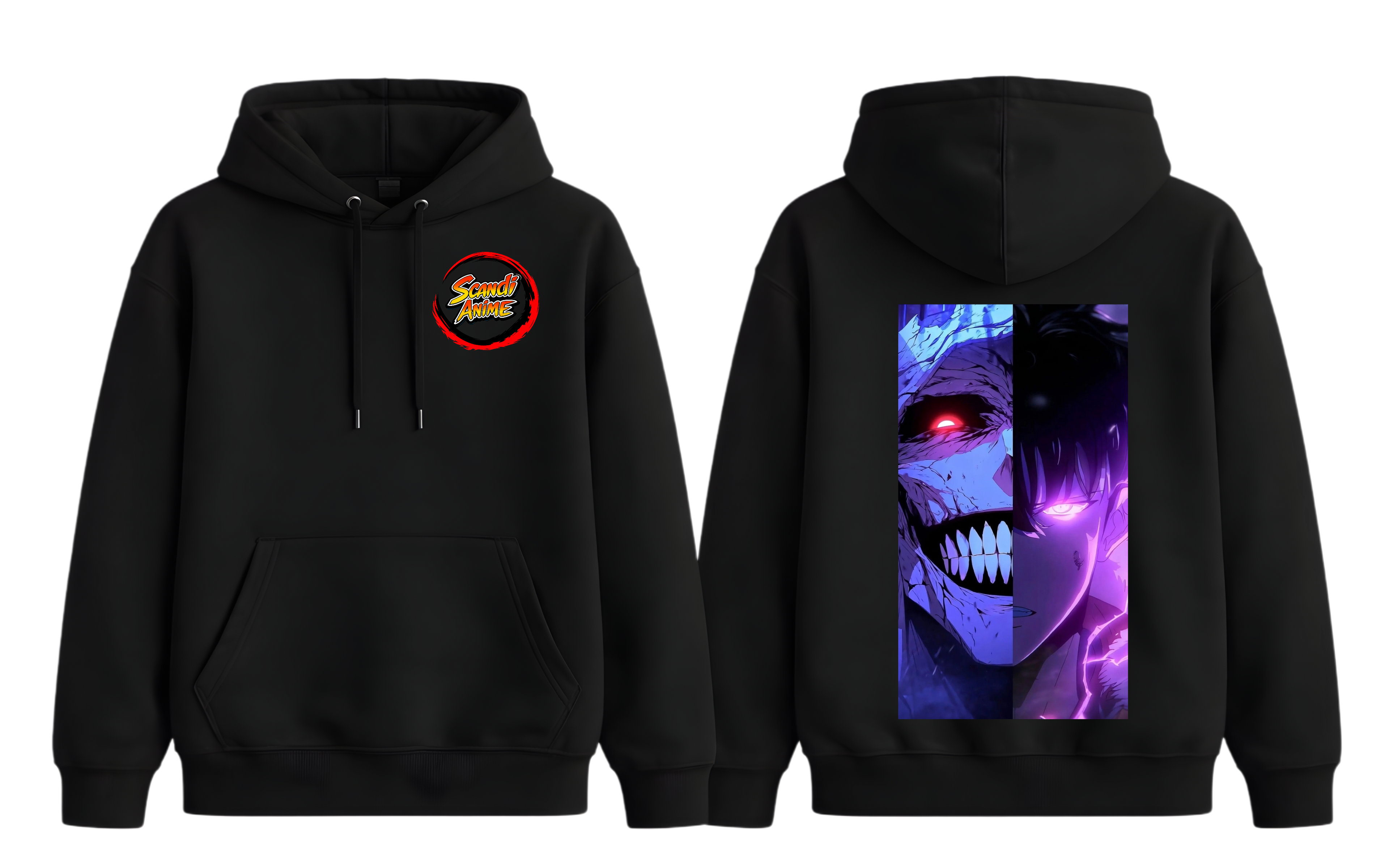 Black Sung Jinwoo hoodie by ScandiAnime, featuring detailed character artwork on a cozy black hoodie.