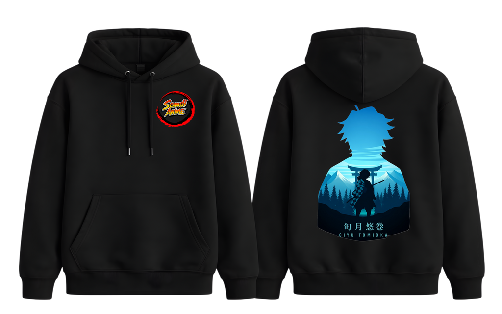 Black Giyu hoodie by ScandiAnime featuring a comfortable fit and stylish design, perfect for fans of anime-inspired casual wear.