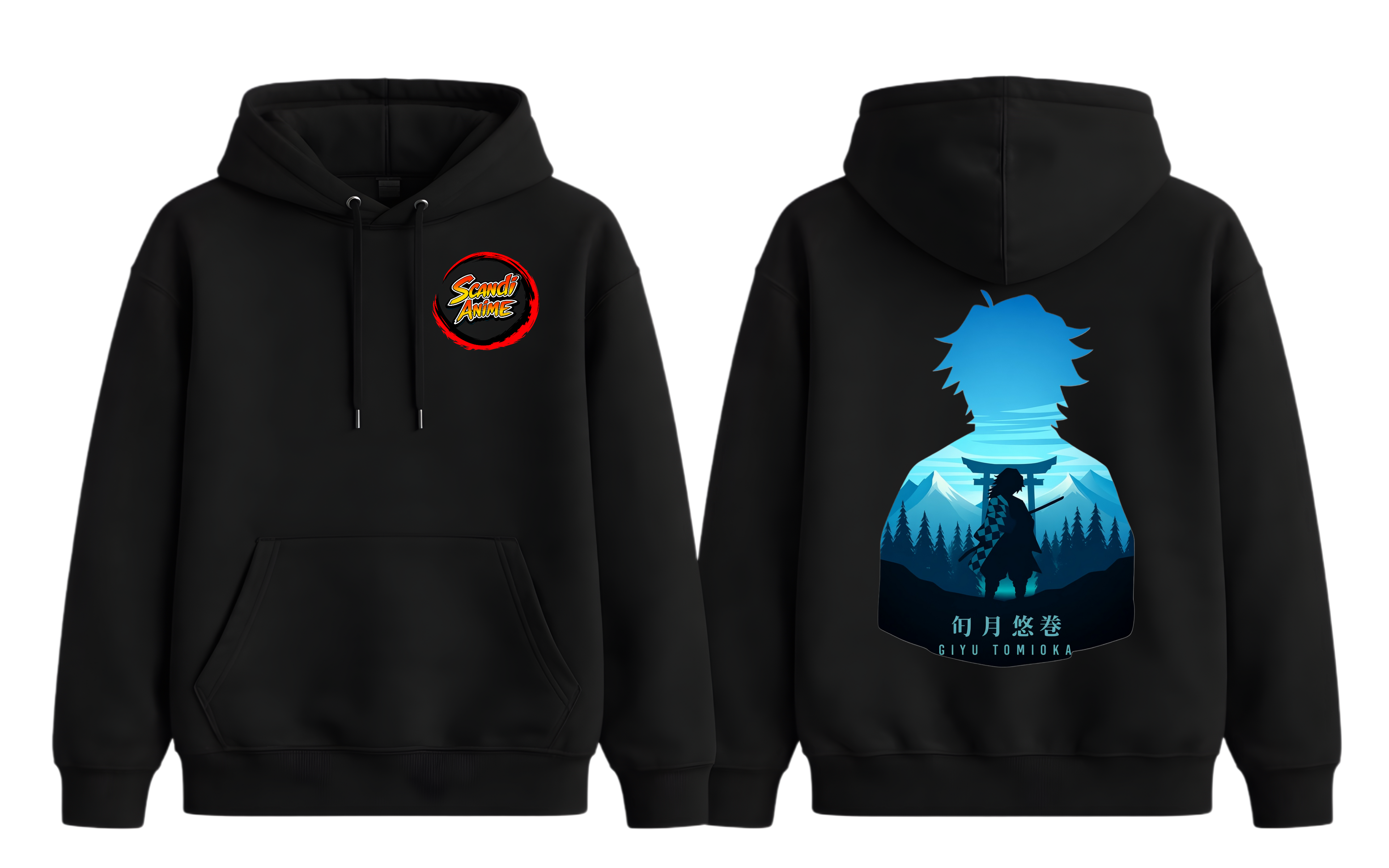Black Giyu hoodie by ScandiAnime featuring a comfortable fit and stylish design, perfect for fans of anime-inspired casual wear.