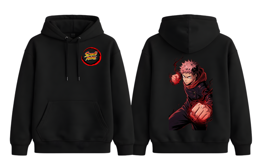 Black Yuji hoodie from ScandiAnime, featuring a comfortable hoodie design with a front pocket and adjustable drawstrings.