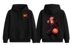Black Yuji hoodie from ScandiAnime, featuring a comfortable hoodie design with a front pocket and adjustable drawstrings.