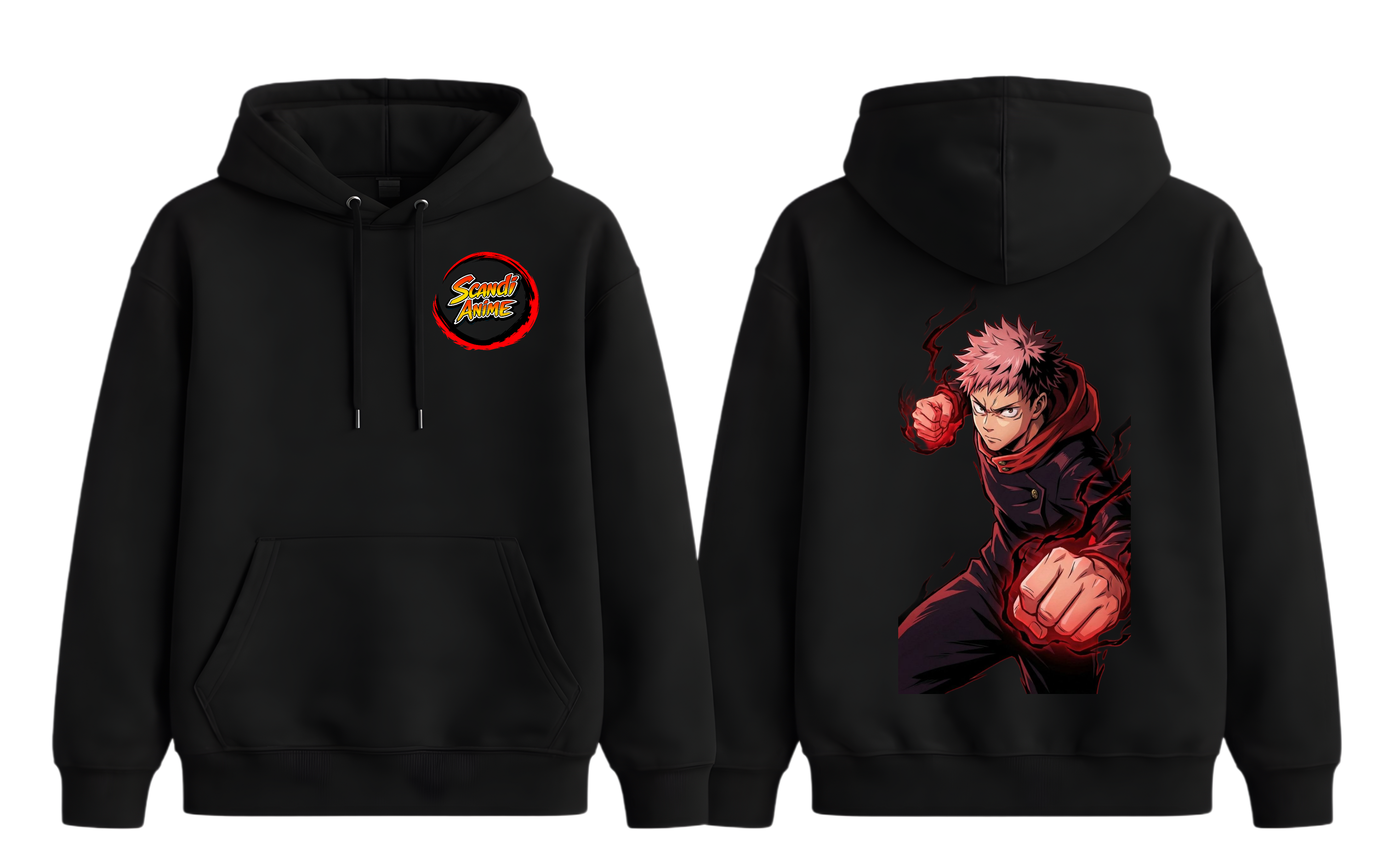 Black Yuji hoodie from ScandiAnime, featuring a comfortable hoodie design with a front pocket and adjustable drawstrings.