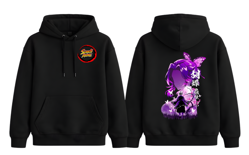 Black Shinobu Kocho hoodie from ScandiAnime featuring a front graphic of the Demon Slayer character on a casual hoodie.