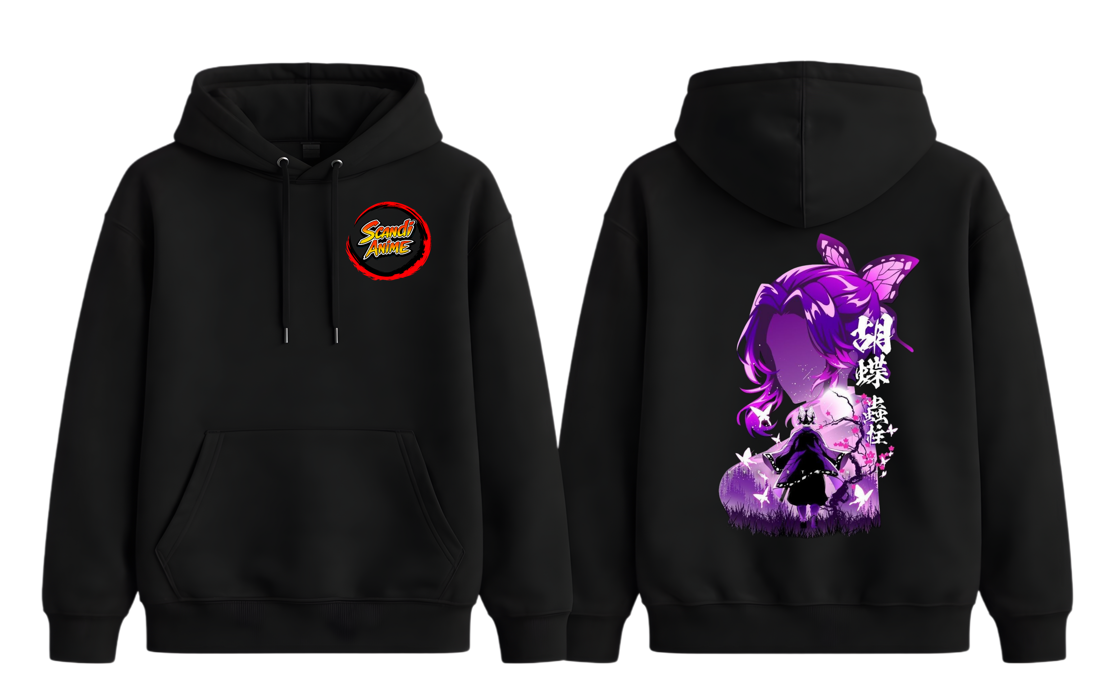 Black Shinobu Kocho hoodie from ScandiAnime featuring a front graphic of the Demon Slayer character on a casual hoodie.