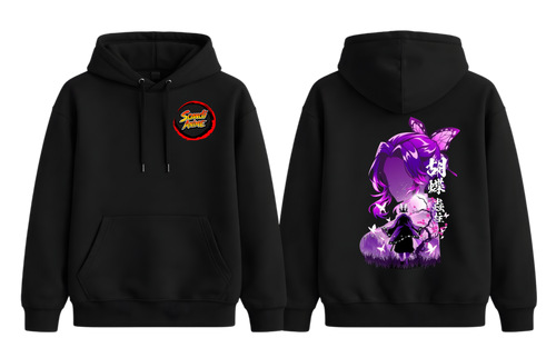 Black Shinobu Kocho hoodie from ScandiAnime featuring a front graphic of the Demon Slayer character on a casual hoodie.