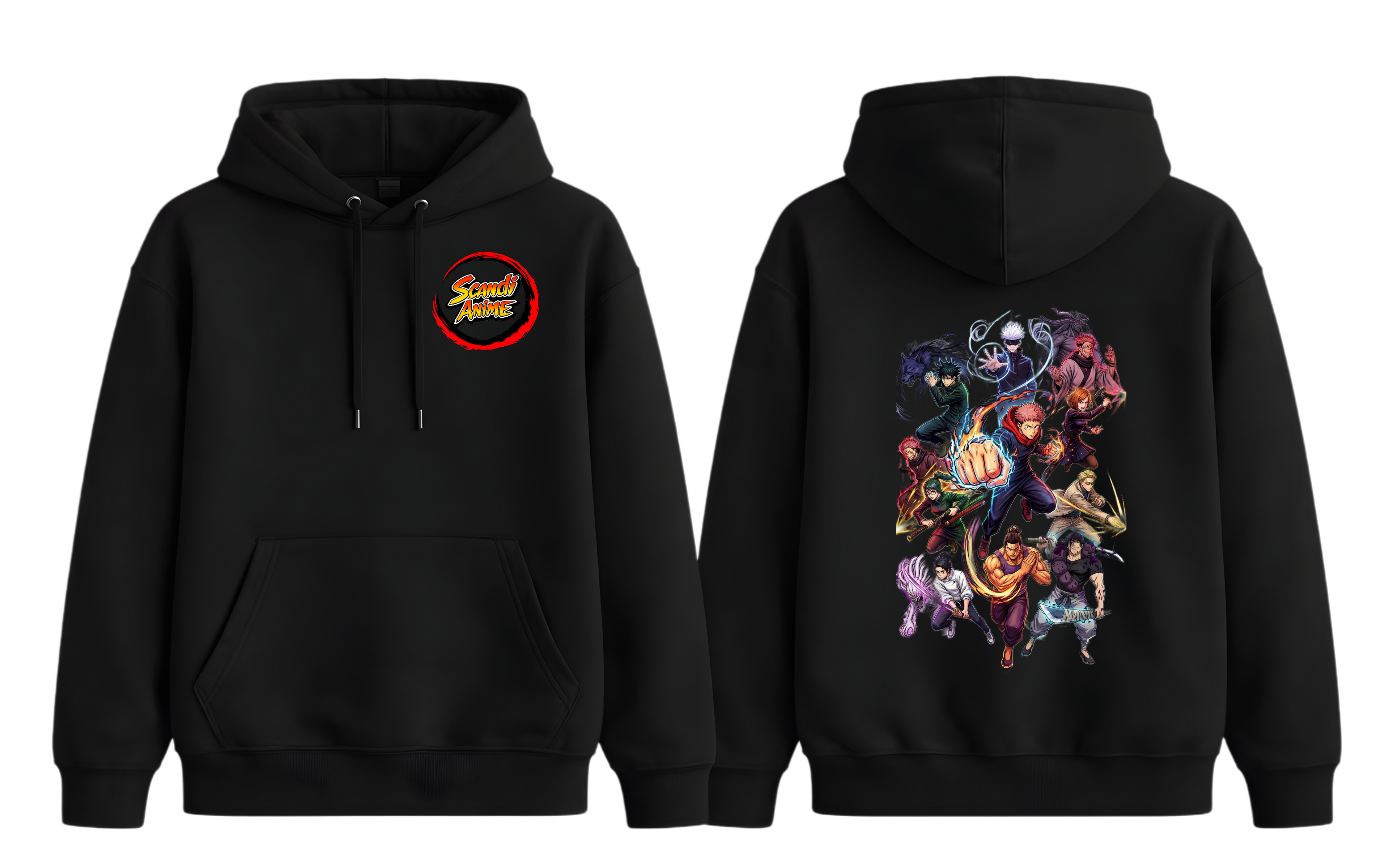 Black Jujutsu Kaisen hoodie by ScandiAnime featuring character artwork, casual fit, with a front pocket and hood.