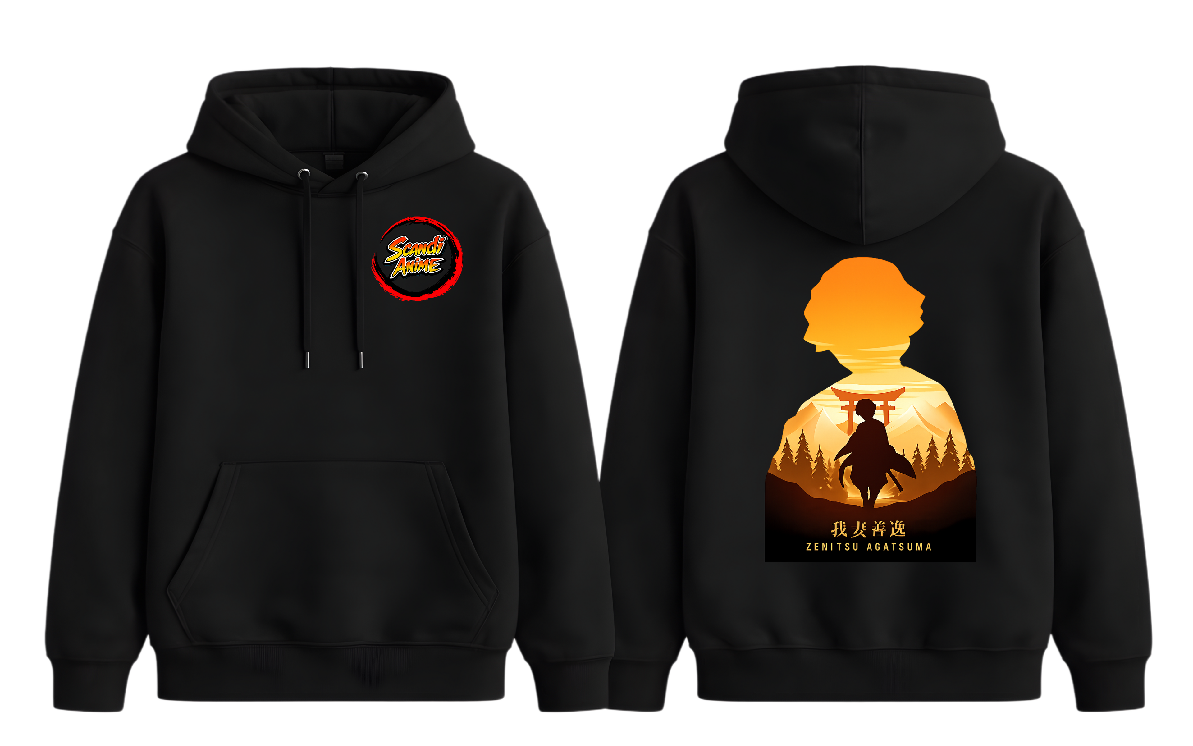 Black Zenitsu hoodie from ScandiAnime featuring a comfortable hoodie design with Zenitsu character artwork.