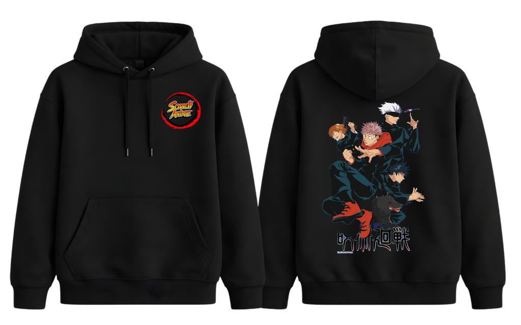 Black Jujutsu Kaisen hoodie by ScandiAnime featuring anime-themed design and comfortable hooded style.
