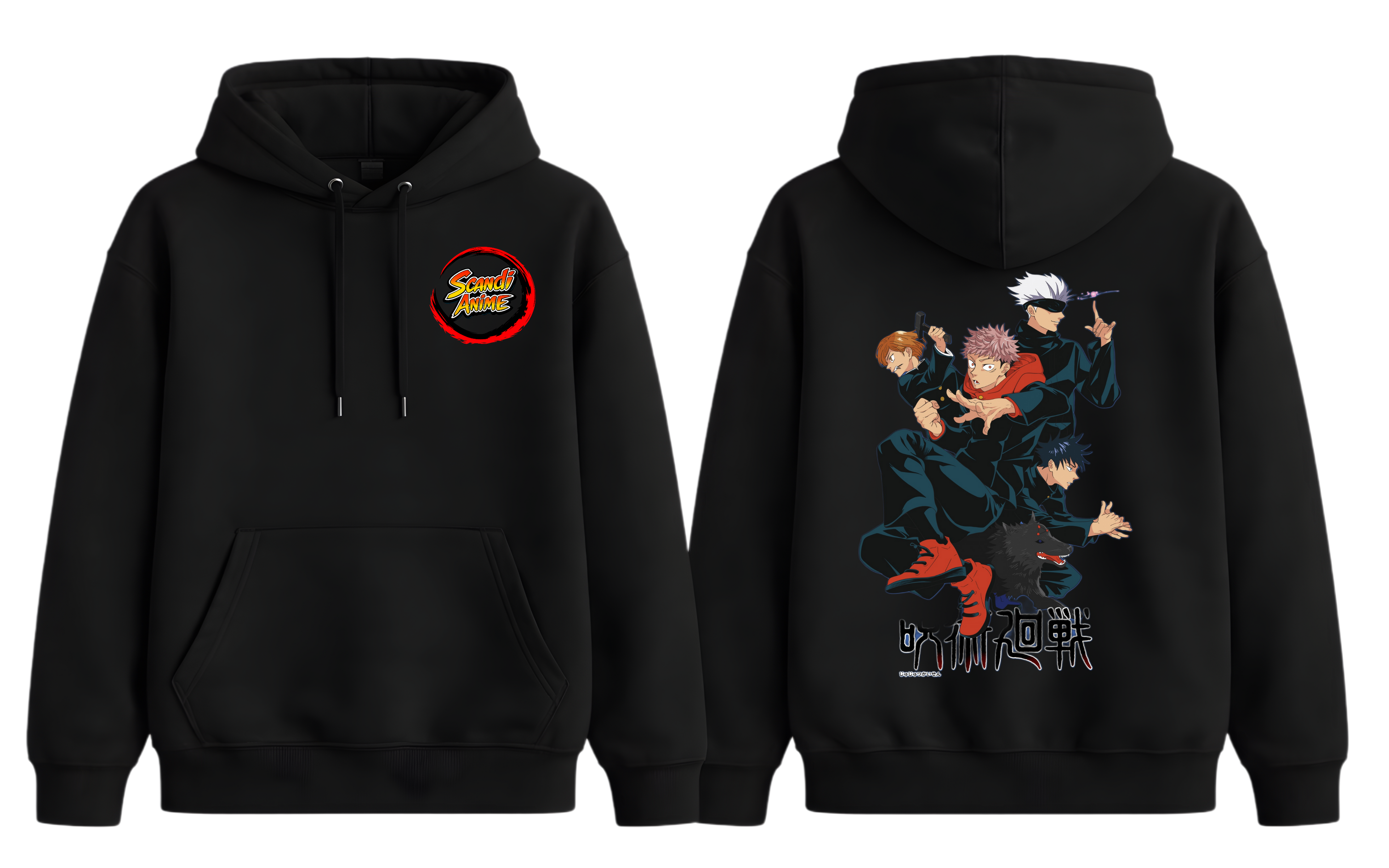 Black Jujutsu Kaisen hoodie by ScandiAnime featuring anime-themed design and comfortable hooded style.