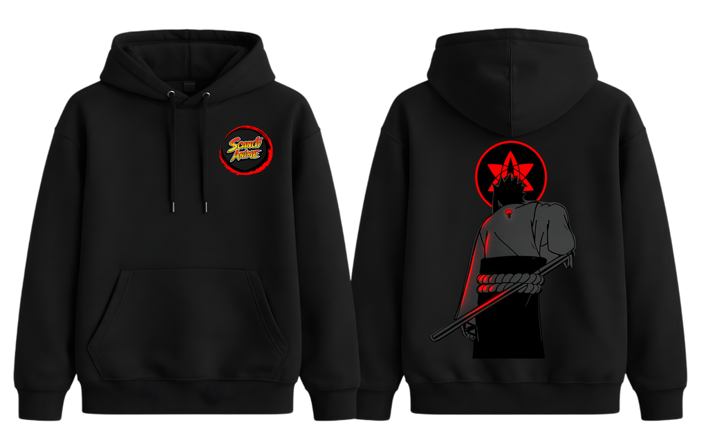 Black Sasuke Uchiha hoodie by ScandiAnime featuring a front graphic design and a comfortable hooded style.