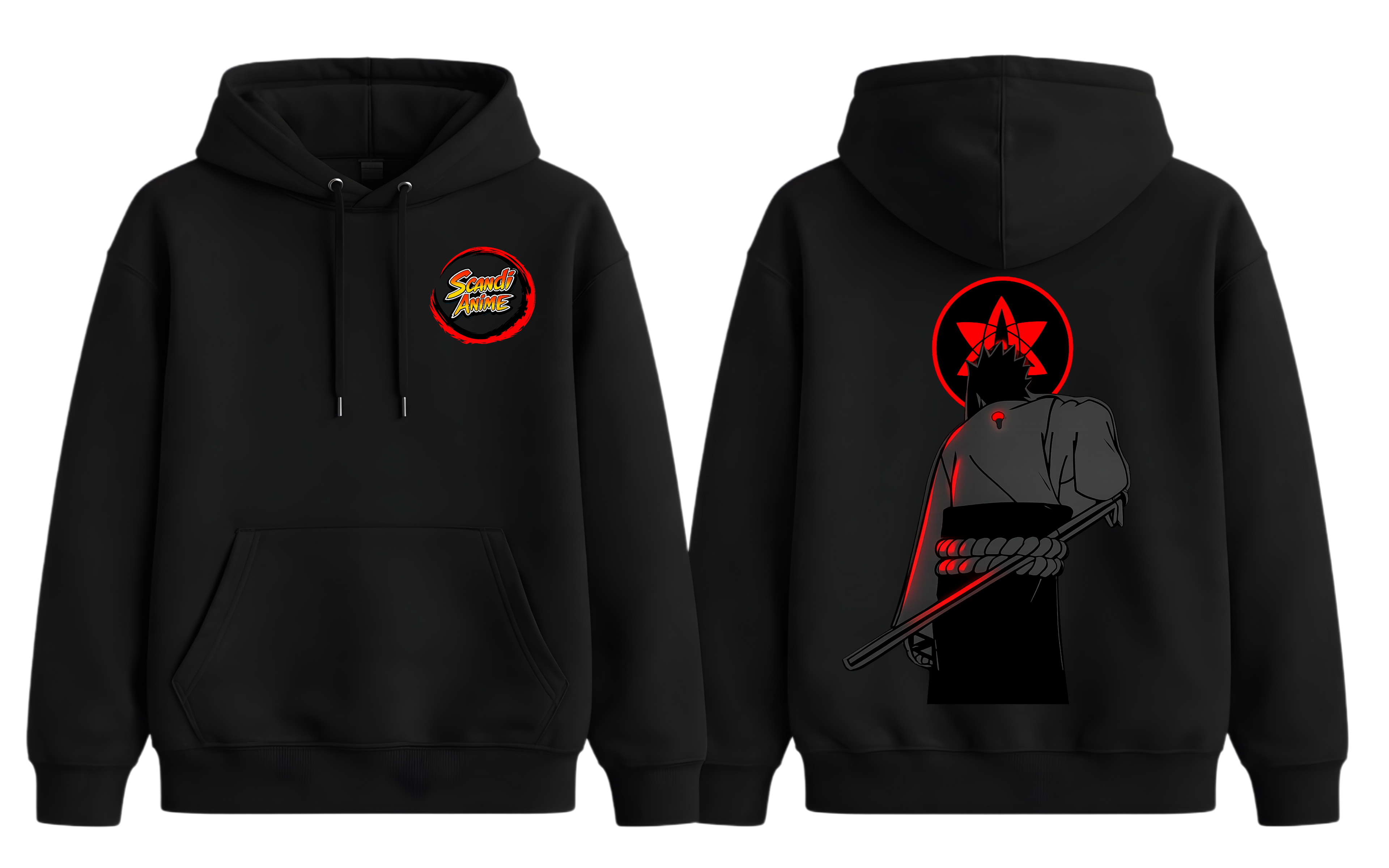 Black Sasuke Uchiha hoodie by ScandiAnime featuring a front graphic design and a comfortable hooded style.
