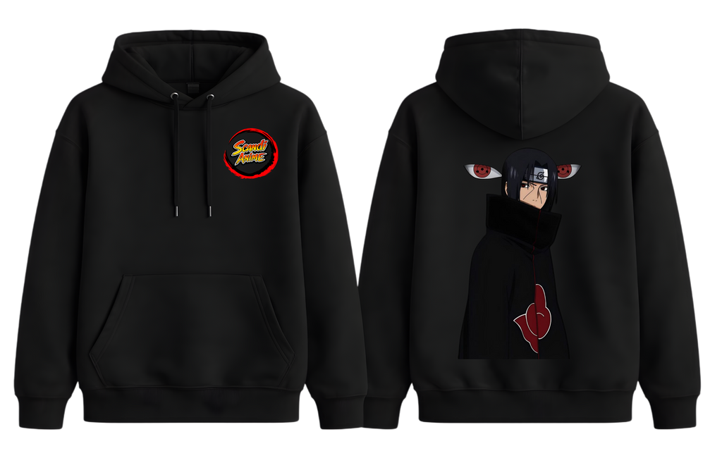 Black Itachi Uchiha hoodie from ScandiAnime featuring a detailed graphic design and comfortable fit.