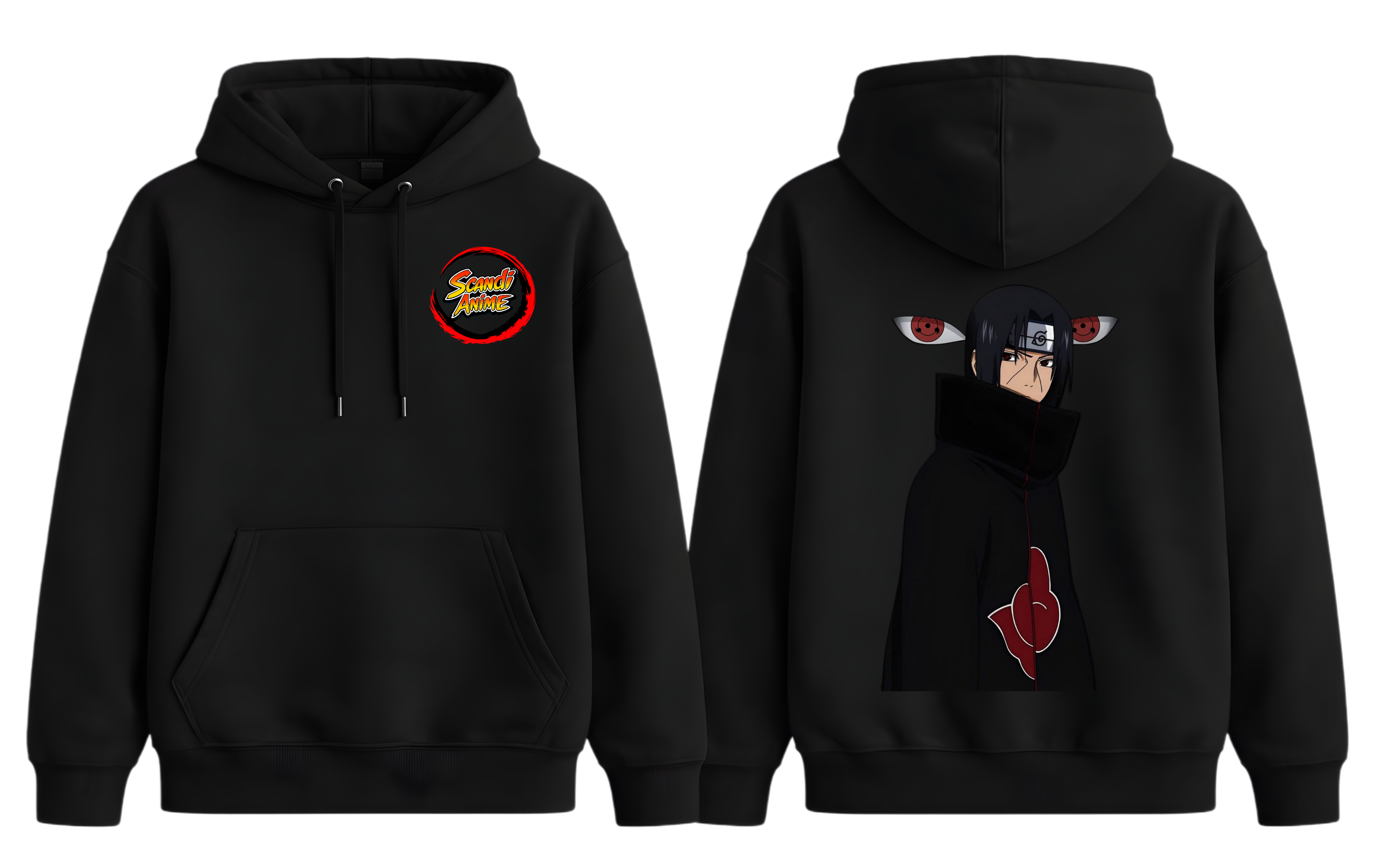 Black Itachi Uchiha hoodie from ScandiAnime featuring a detailed graphic design and comfortable fit.