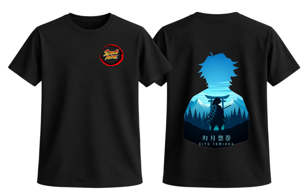 Black Giyu T-Shirt from ScandiAnime featuring a detailed print of the character Giyu from anime.