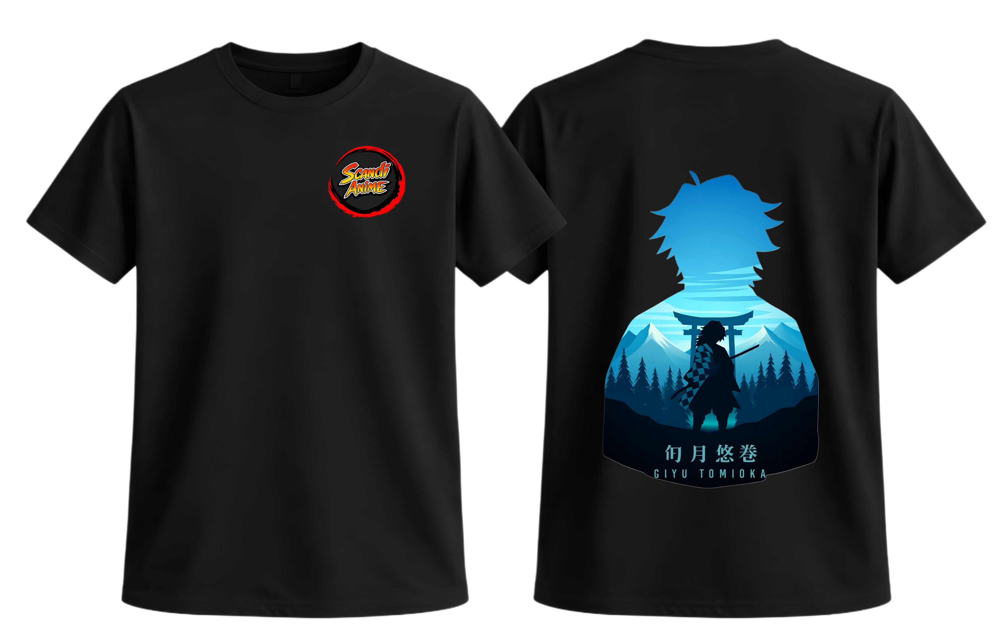 Black Giyu T-Shirt from ScandiAnime featuring a detailed print of the character Giyu from anime.