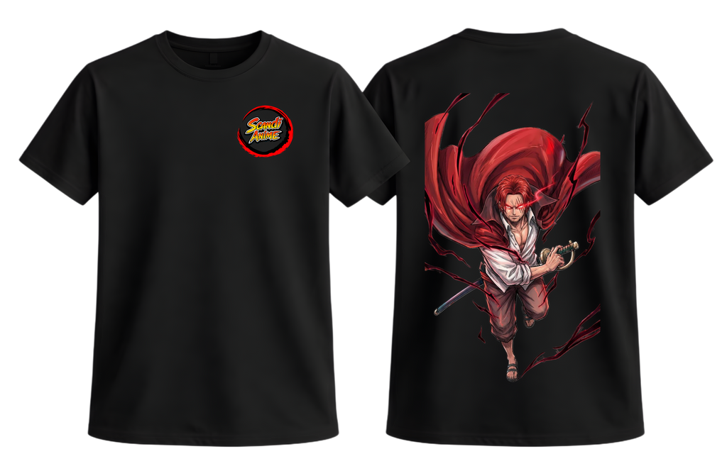 Black t-shirt with a red and white graphic on the front and back