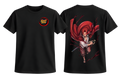 Black t-shirt with a red and white graphic on the front and back