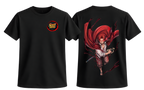 Black t-shirt with a red and white graphic on the front and back