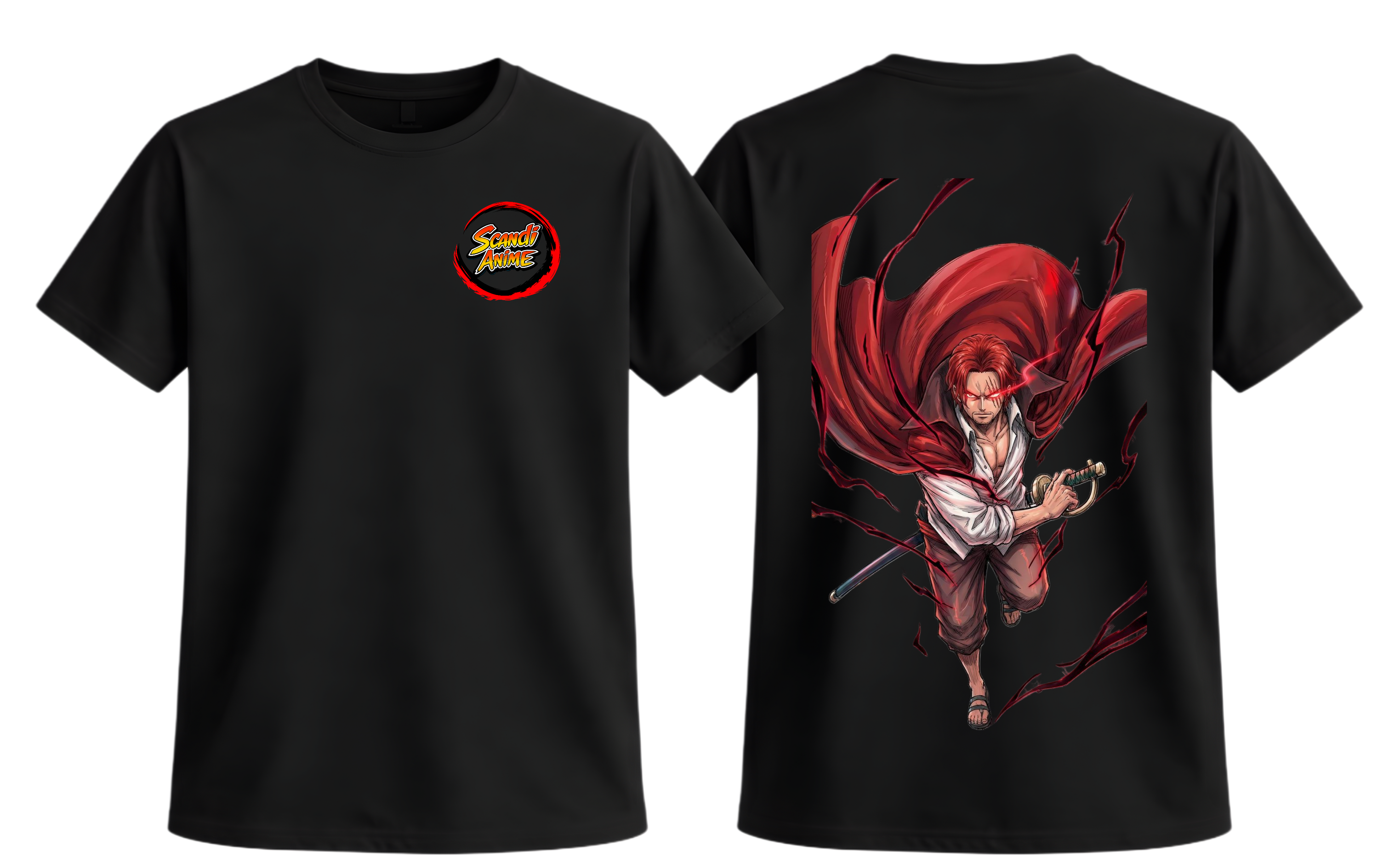 Black t-shirt with a red and white graphic on the front and back