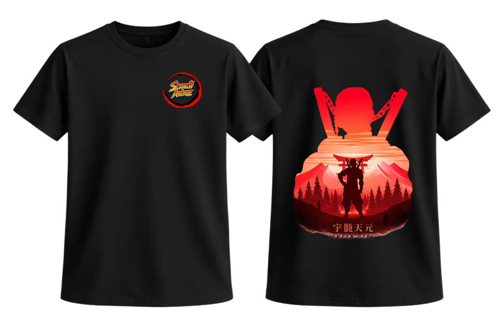Black Tengen T-Shirt by ScandiAnime featuring a stylish graphic print on the front.