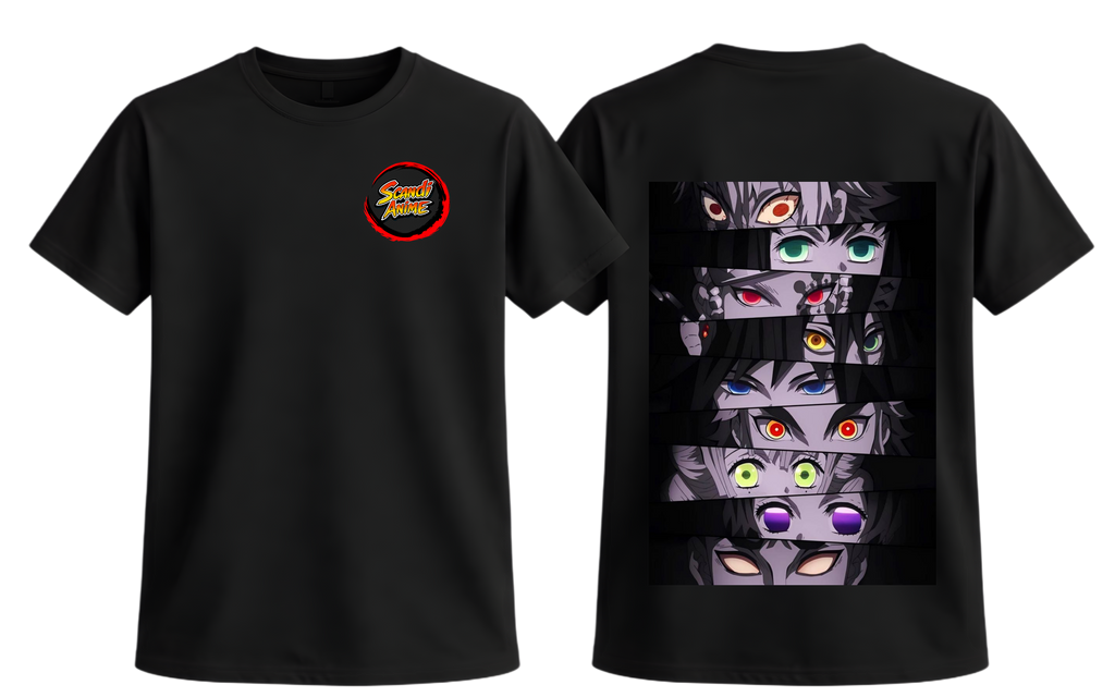 Black Demon Slayer T-Shirt by ScandiAnime featuring character artwork, made from soft cotton fabric.