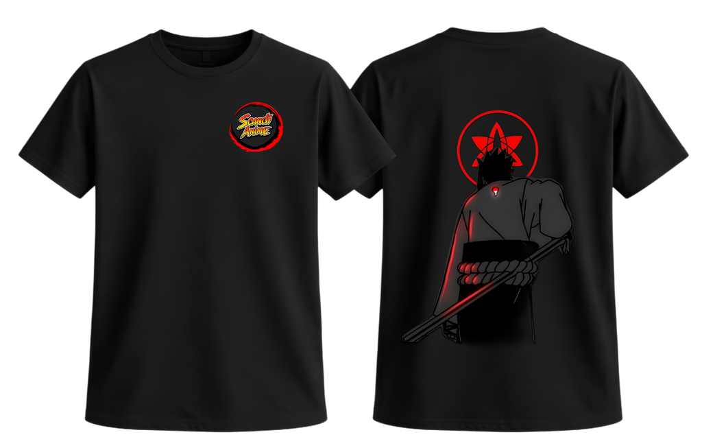 Black Sasuke T-Shirt from ScandiAnime featuring a detailed graphic of the character Sasuke Uchiha from Naruto.