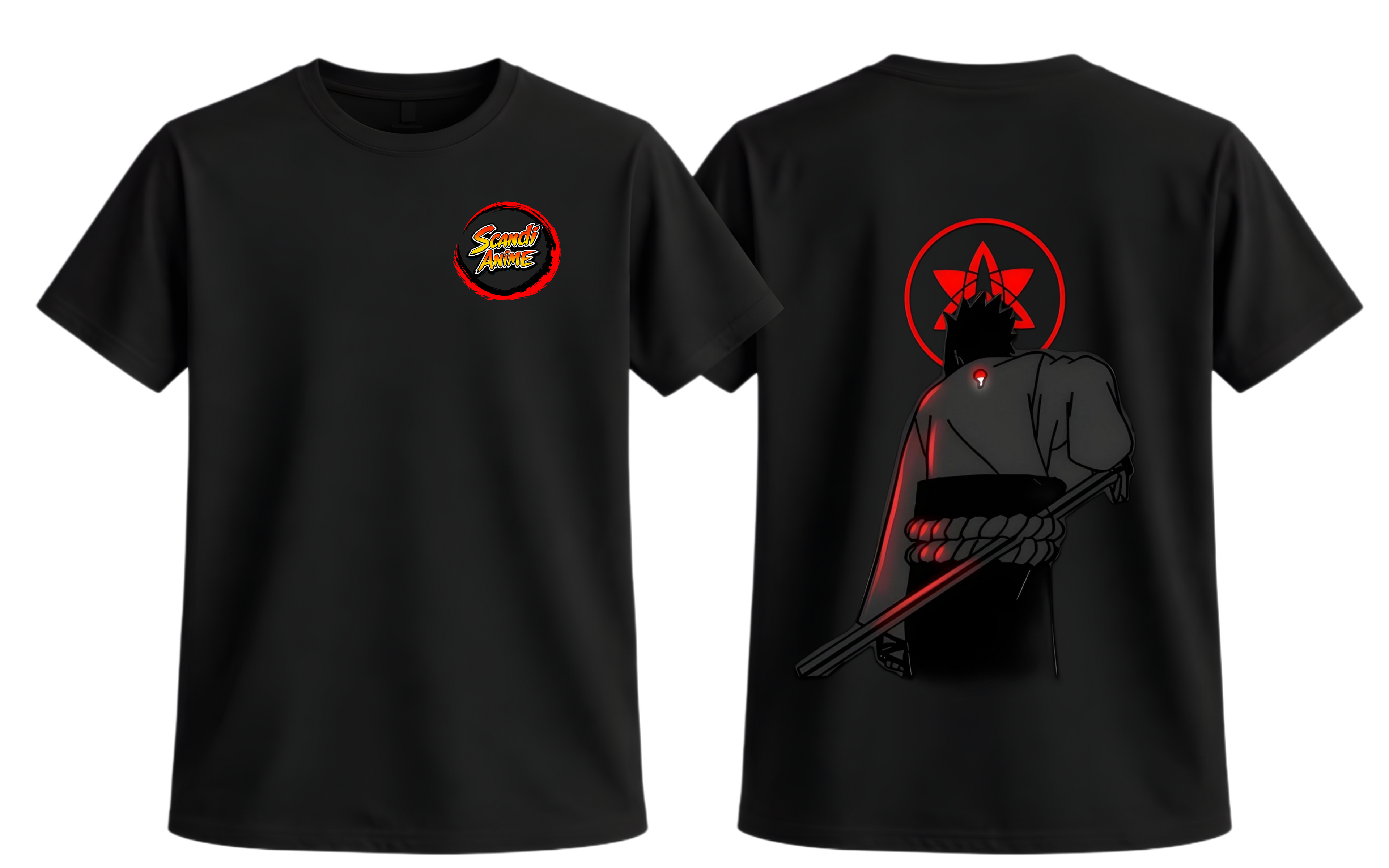 Black Sasuke T-Shirt from ScandiAnime featuring a detailed graphic of the character Sasuke Uchiha from Naruto.