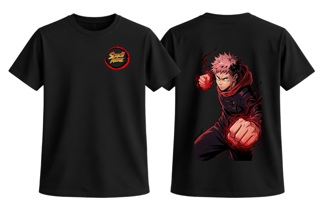 Black Yuji T-Shirt by ScandiAnime featuring a comfortable fit and bold graphic design on the front.
